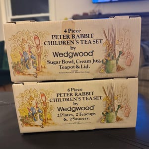 Child size Tea set Peter Rabbit 10 piece Beatrix Potter Wedgwood Teapot lid sugar bowl creamer 2 teacups saucers plates Vintage “new” in Box