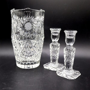 American Brilliant Crystal Vase and Candle Holders in Excellent Condition