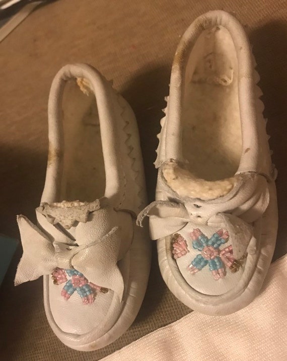 White beaded baby moccasins and baby tights as fo… - image 1