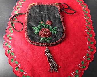 Edwardian Glas Perlen Leder Kordel Beutel/Geldbeutel-Blumenmuster