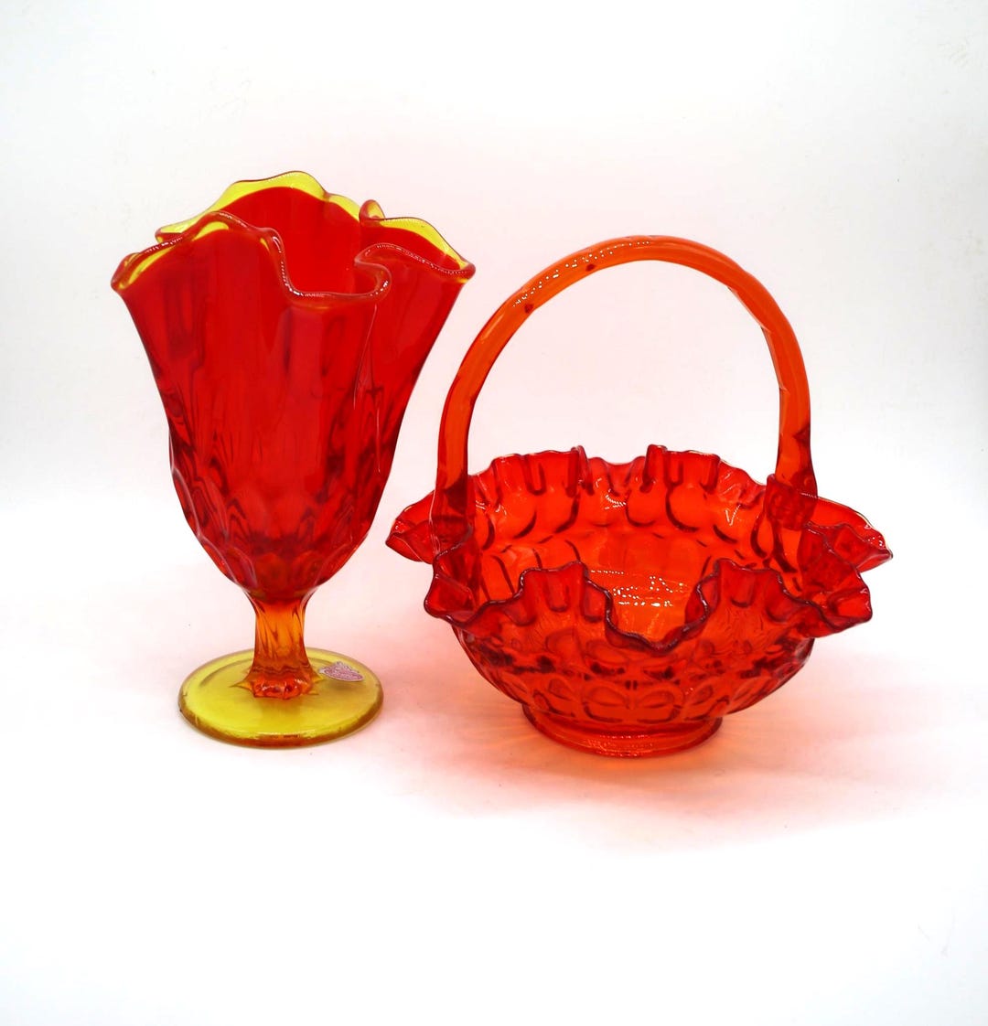 1930s Fenton Art Glass Basket and Vase - Red Yellow Cadmium Glass