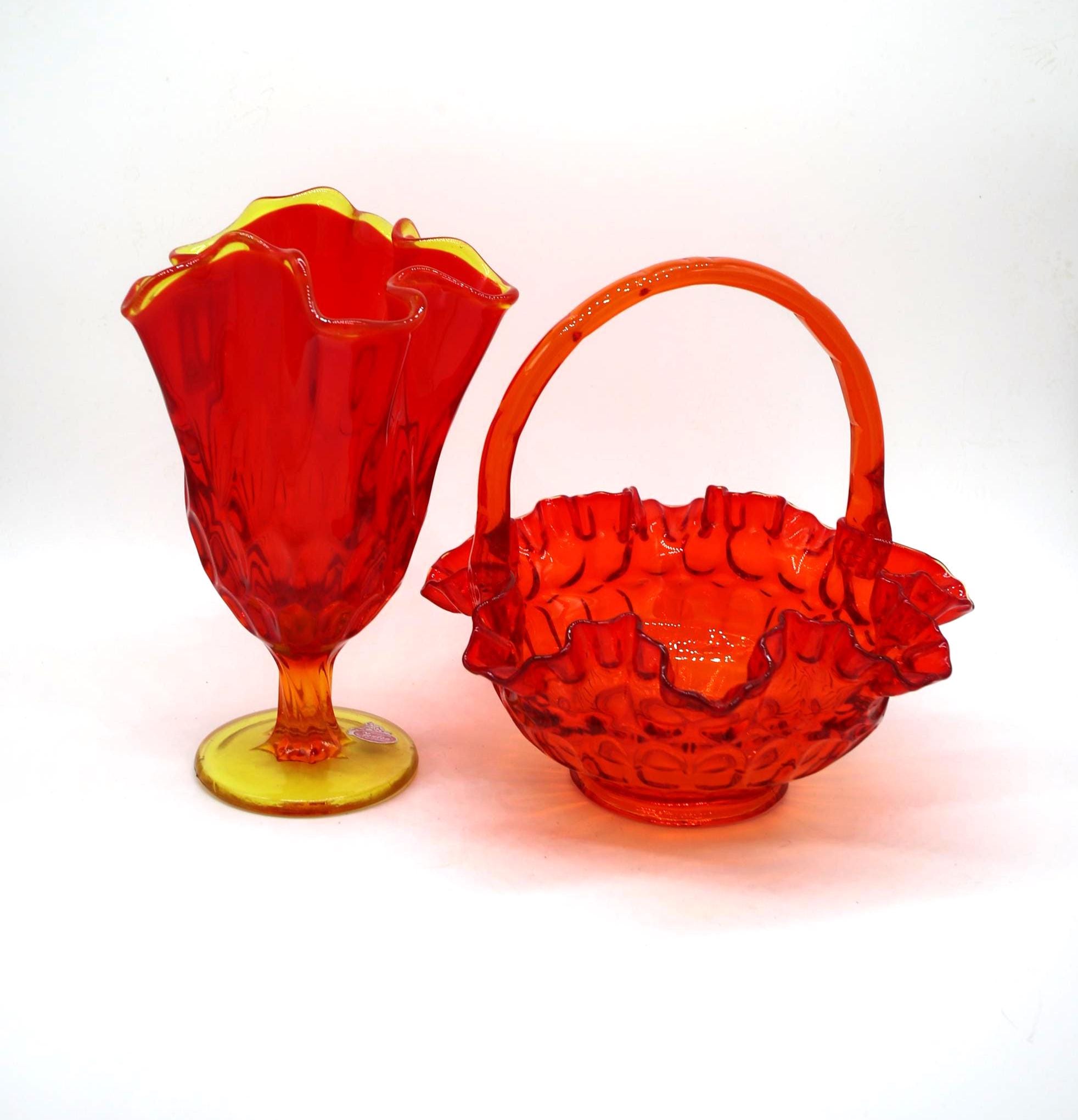 1930s Fenton Art Glass Basket and Vase - Red Yellow Cadmium Glass