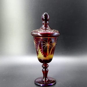 Egyptian Apothecary Jar-22kt Gold Etched Dark Ruby Glass with Lid-MCM Vintage