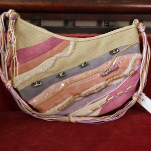 80s Shoulder Bag - Leather, Suede, Vinyl, Wool with Beads and Shells- Pinks and Purples