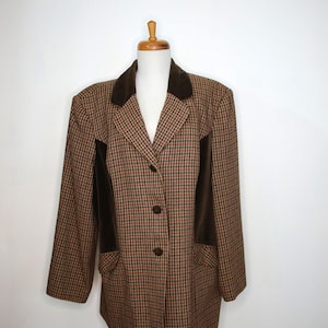 Plaid Wool Blazer with Velvet Collar and Side Panels -Size 18W - See Measurements