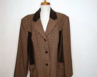 Plaid Wool Blazer with Velvet Collar and Side Panels -Size 18W - See Measurements