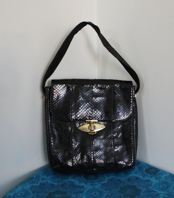 1950s Snakeskin Handbag in Black-Top Handle Bag