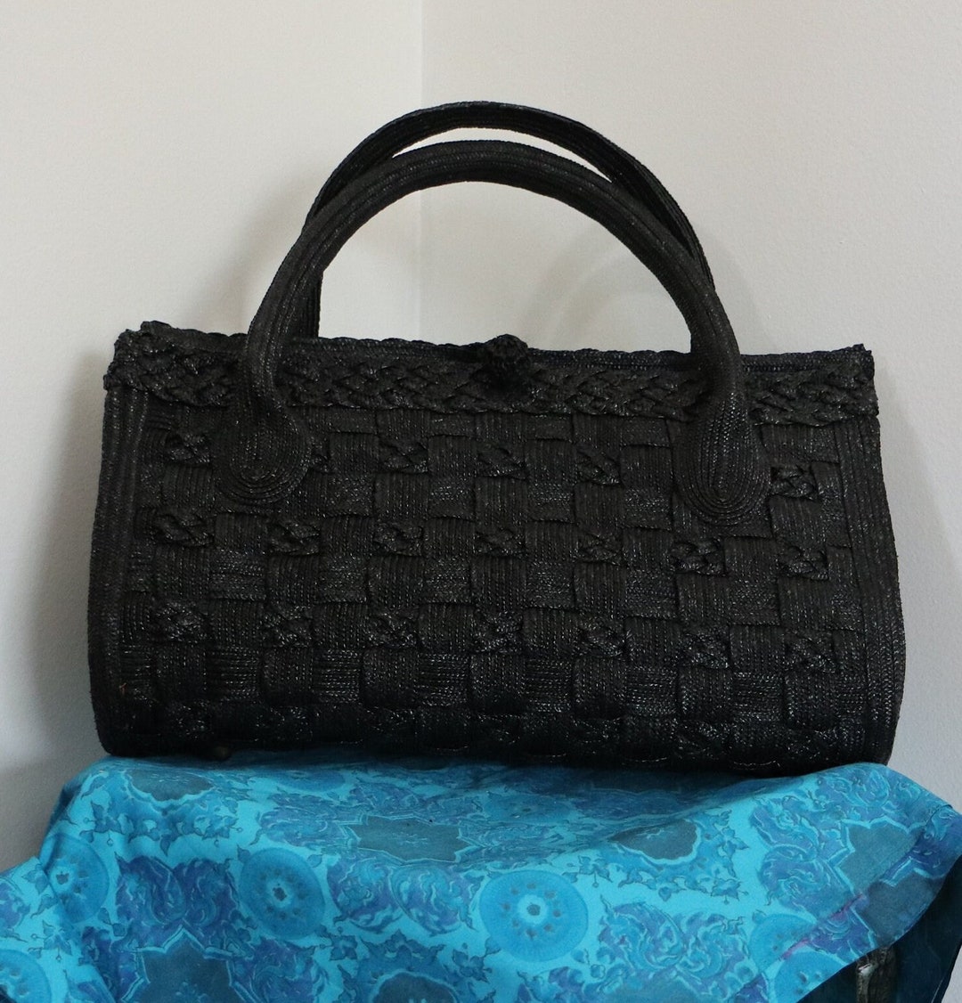 Italian Raffia Handbag 1950s Vintage Large Black Etsy