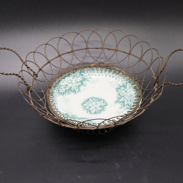 Sarreguemines Jardiniere Bowl in Wire Basket 1920s France Plus Wire Egg Basket