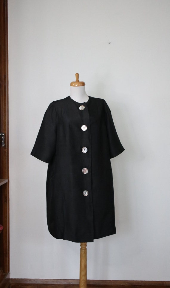 1950s Raw Black Silk Evening Coat with Round Shell