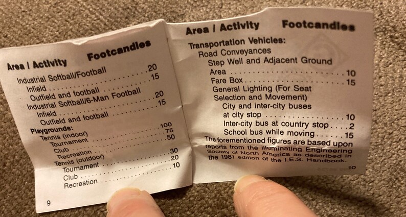 May include: A folded paper with text detailing lighting requirements for various areas and activities, including sports fields, playgrounds, and transportation vehicles. The text includes footcandle measurements.