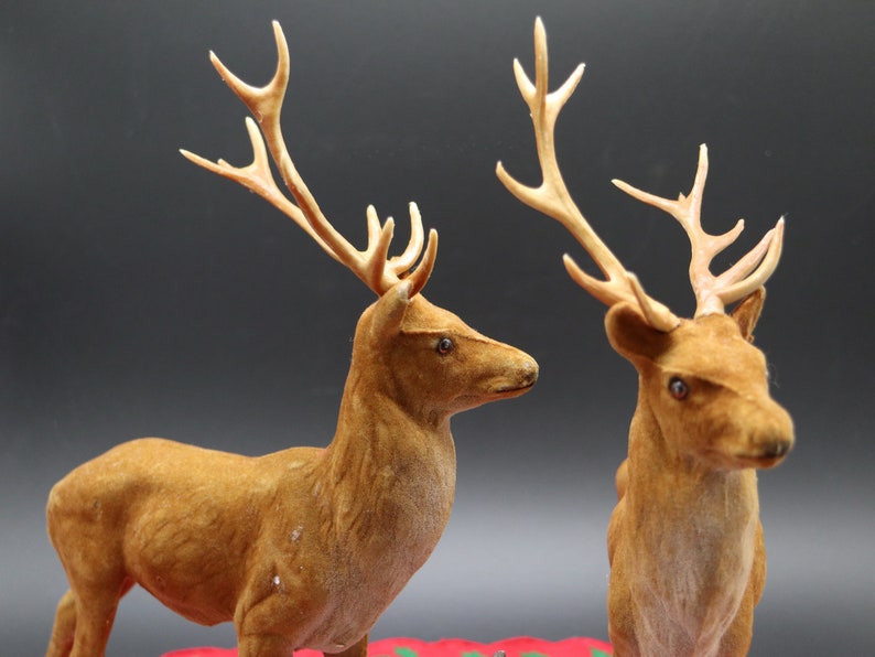 Vintage Reindeer Figurines 2 Flocked Bucks With 3 Babies Etsy