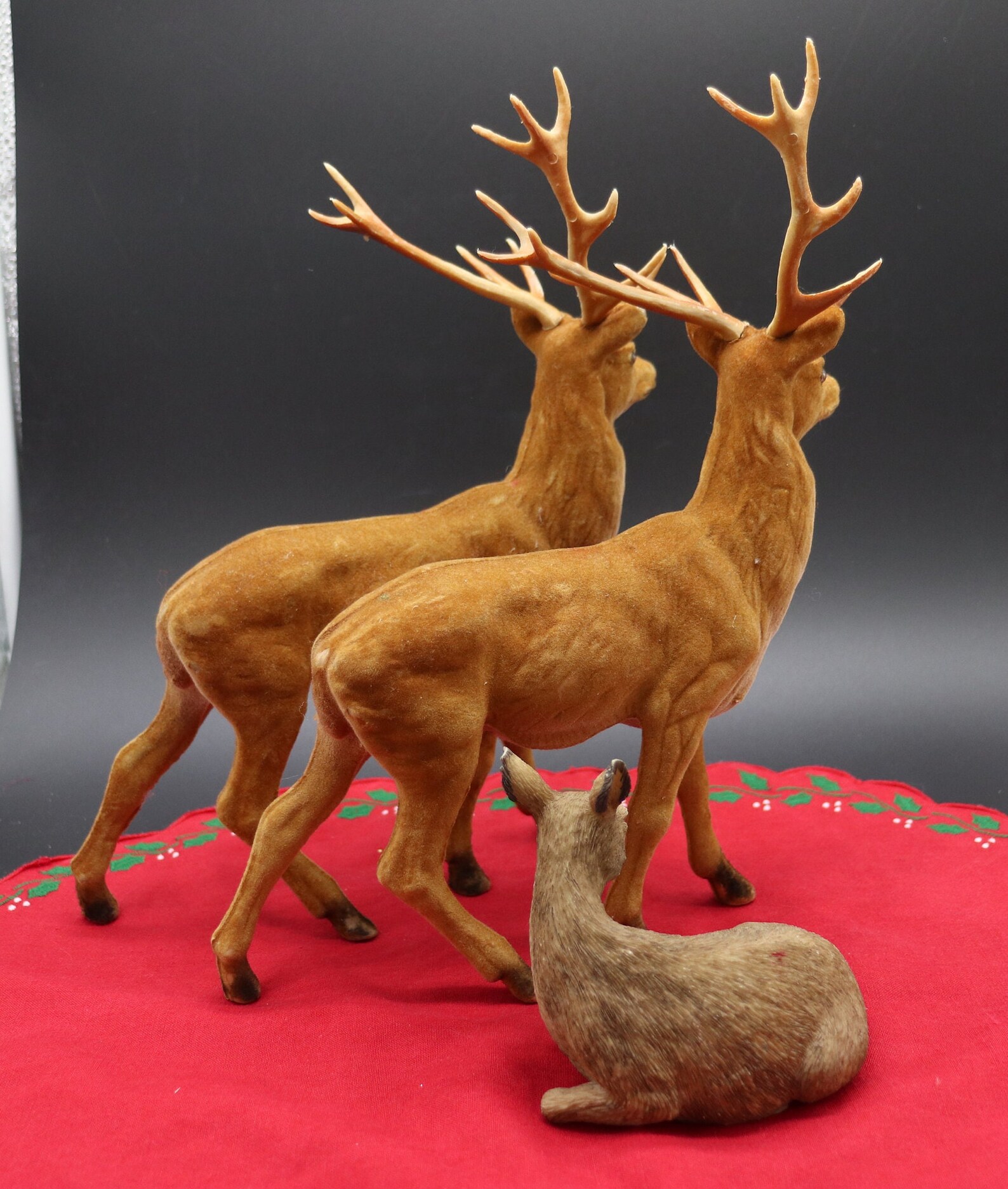 Vintage Reindeer Figurines 2 Flocked Bucks With 3 Babies Etsy