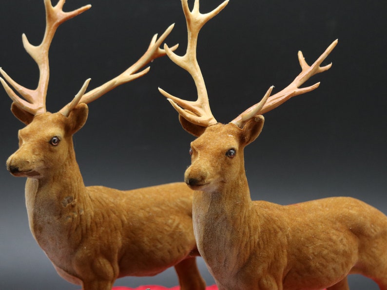 Vintage Reindeer Figurines 2 Flocked Bucks With 3 Babies Etsy