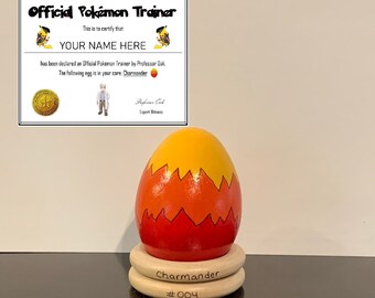 Charmander Handpainted Wooden Egg Pet- Official Trainer Certificate Customizable- Gaming Christmas Easter Present- Charizard Egg