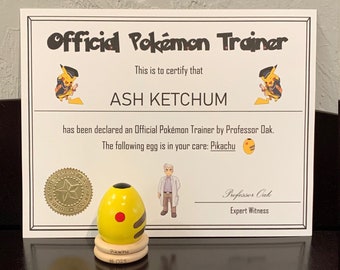 Pikachu Handpainted Wooden Egg Pet- Official Trainer Certificate Customizable- Gaming Christmas Easter Present