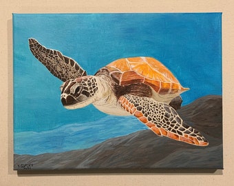 Original Sea Turtle Acrylic Painting Wall Art Handpainted by Katelynn Gusky Endangered Animals SERIES #2