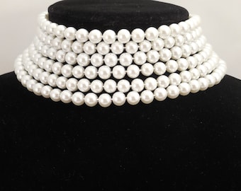 Wedding Bridal, Unique Style 6 Strand, 8mm White Glass Pearls Choker