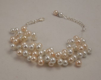 Very Elegant Wedding Bridal Multi Strand, Illusion Floating Bracelet with 6mm Cream and White Glass Pearls