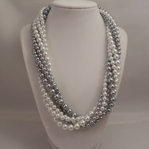 Very Elegant Wedding Bridal Multi Strand Long Necklace with White and Pewter Glass Pearls