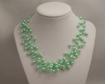 Very Elegant Wedding Bridal Multi Strand, Illusion Floating Necklace with 6mm Mint Green Glass Pearls