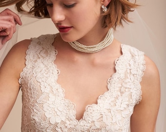 Very Elegant Wedding Bridal Multi Strand Choker Style Necklace with White Glass Pearls