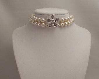 Cute, Elegant and Sexy, Multi Strand, Two Strand, 6mm or 8mm, Cream Glass Pearls Choker with Sparkle Flower Swarovski Rhinestone Pendant