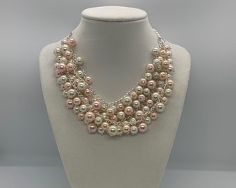Very Elegant Wedding Bridal, Chunky Multi Strand Necklace with Cream and Blush Peach Pink Glass Pearls
