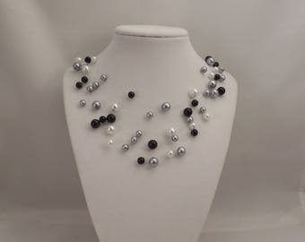 Very Elegant Wedding Bridal Multi Strand, Illusion Floating Necklace with Jet Black, Pewter and White Glass Pearls