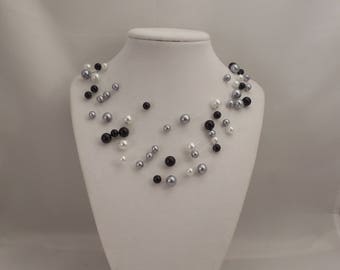 Very Elegant Wedding Bridal Multi Strand, Illusion Floating Necklace with Jet Black, Pewter and White Glass Pearls
