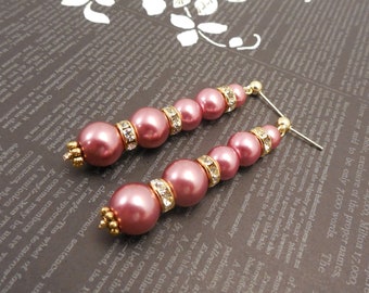 Very Simple and Elegant, Wedding Bridal Gold Plated Earrings with 10mm , 8mm, 6mm Dusty Rose Glass Pearl and Rhinestone Spacers