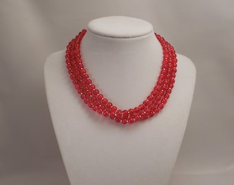 Very Elegant, Wedding Bridal,  Hungarian Traditional Style, Three Strand, Half Twisted Necklace with Ruby Red 6mm Round Crackle Glass Beads