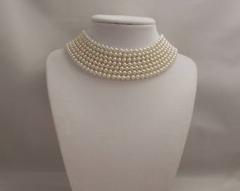 Elegant and Sexy, Dominique Style, Multi Strand, 7 Strand, 4mm Cream Glass Pearls Bib Style Choker