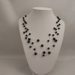 Very Elegant Wedding Bridal Multi Strand, Illusion Floating Necklace with Jet Black Glass Pearls and Swarovski Crystal