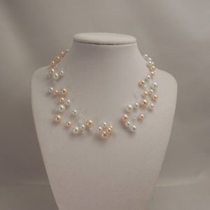 Very Elegant Wedding Bridal Multi Strand, Illusion Necklace with Blush Peach Pink and White Glass Pearls and Swarovski Clear Crystals