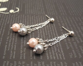 Very Fancy and Elegant, Wedding Bridal Earring with 6mm Pink and Pewter Glass Pearl and Swarovski Clear Crystal