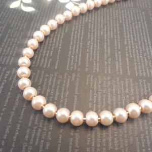 One Strand, Classic Style 6mm Blush Peach Pink Glass Pearl Necklace with Gold Plated Box Clasp