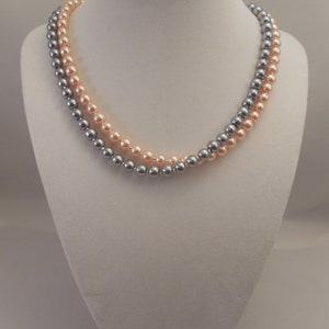 Very Fancy and  Elegant, Wedding Bridal Two Strand, Half Twisted Necklace with 6mm Blush Peach Pink and Pewter(Light Gray) Glass Pearls