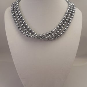 Very Elegant, Wedding Bridal Three Strand, Half Twisted Necklace with 6mm Pewter(Light Gray) Glass Pearls