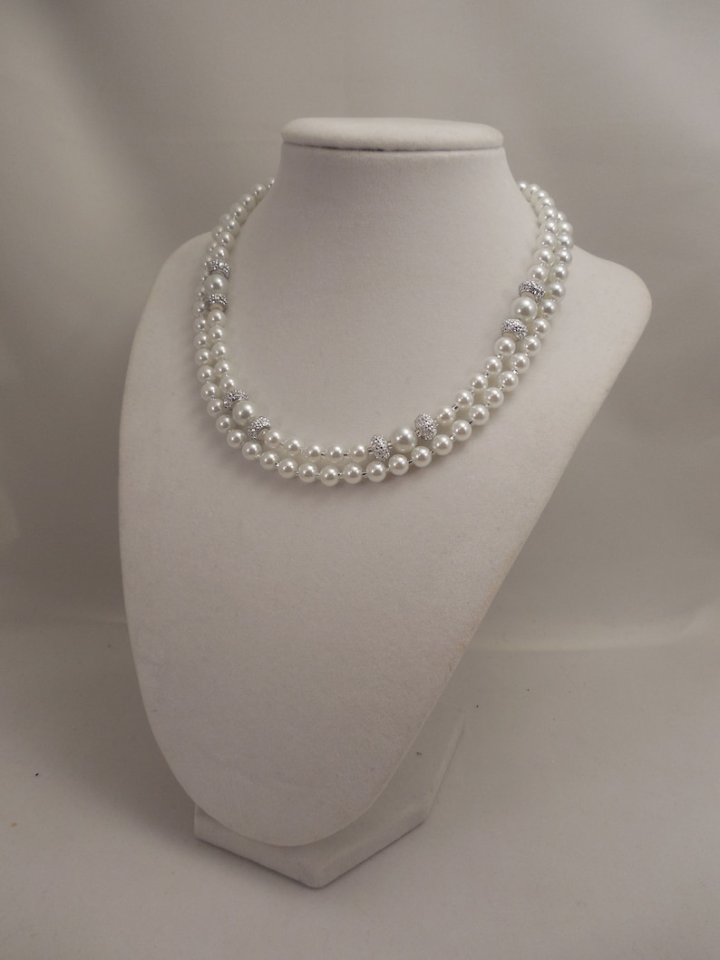 Breakfast at Tiffany's, Audrey Hepburn Style, Fancy and Elegant, Two Strand, 6mm White Glass Pearl Necklace with Rhinestone Spacers image 3