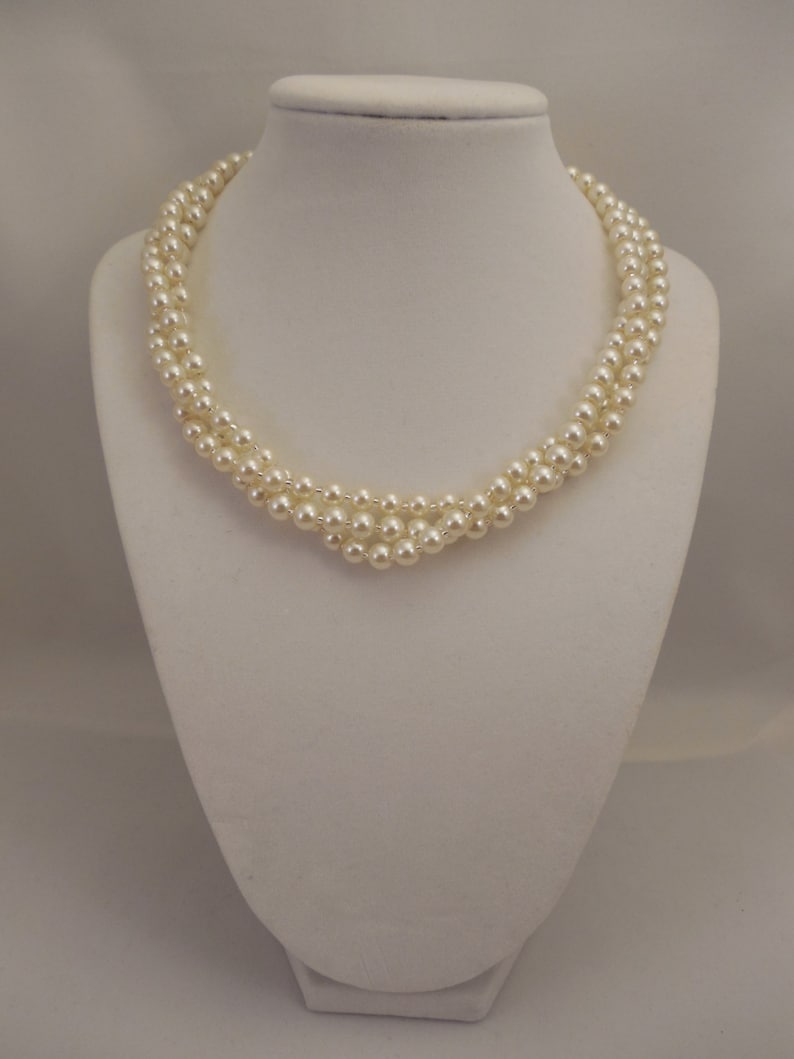 Three Strand 6mm Cream Glass Pearl Twist Decoration Necklace Very Lovely and Elegant