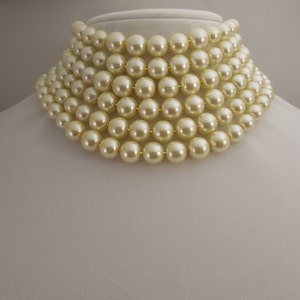 Wedding Bridal, Unique Style 6 Strand, 12mm, 10mm and 8mm Ivory Glass Pearls Choker
