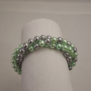 Very Gorgeous, Wedding Bridal, Three Strand 6mm Mint Green and Pewter Glass Pearl Bracelet