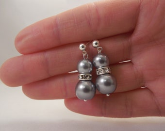 Very Simple and Elegant, Wedding Bridal Silver Plated Earrings with 10mm, 8mm Pewter Glass Pearl and Rhinestone Spacers