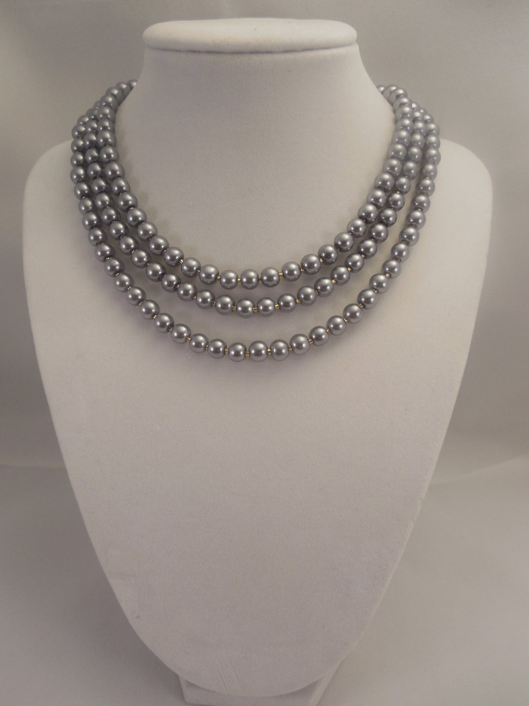Three Strand Classic Style 6mm Pewter Glass Pearl Necklace - Etsy