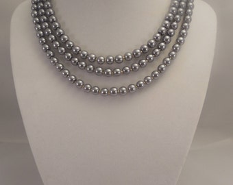 Three Strand, Classic Style 6mm Pewter Glass Pearl Necklace with Gold Finished Box Clasp