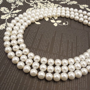 Very Classic and Elegant, Wedding Bridal, Multi Strand, Three Strand, 8mm White Glass Pearl Bib Style Choker with Gold Finished Box Clasp