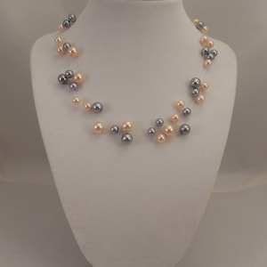 Very Elegant Wedding Bridal Multi Strand, Illusion Floating Necklace with Blush Peach Pink and Pewter(Gray) Glass Pearls