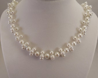 Very Lovely and Elegant, 8mm White Glass Pearl Necklace with 6mm White Glass Pearls Decoration