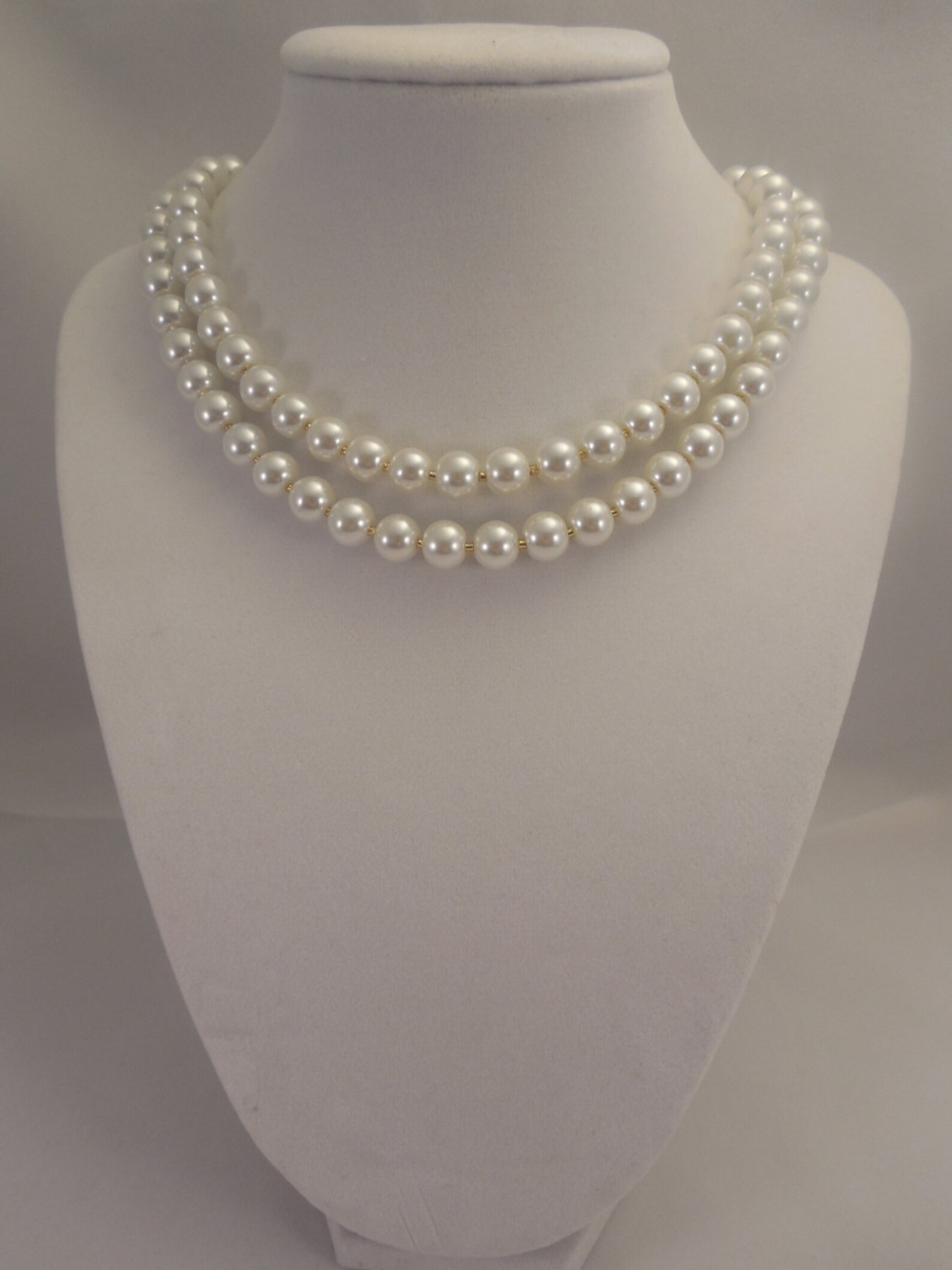 Two Strand Classic Style 8mm White Glass Pearl Necklace With Etsy